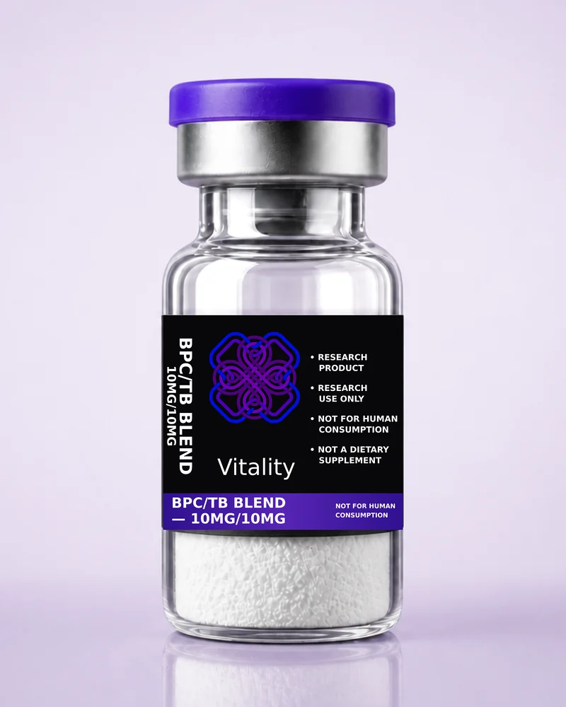 Product rendering of BPC/TB Blend 10mg/10mg research vial; digitally composited studio image, not a product photograph.