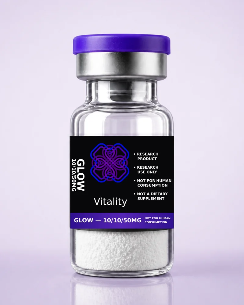 Product rendering of Glow 10/10/50mg research vial; digitally composited studio image, not a product photograph.