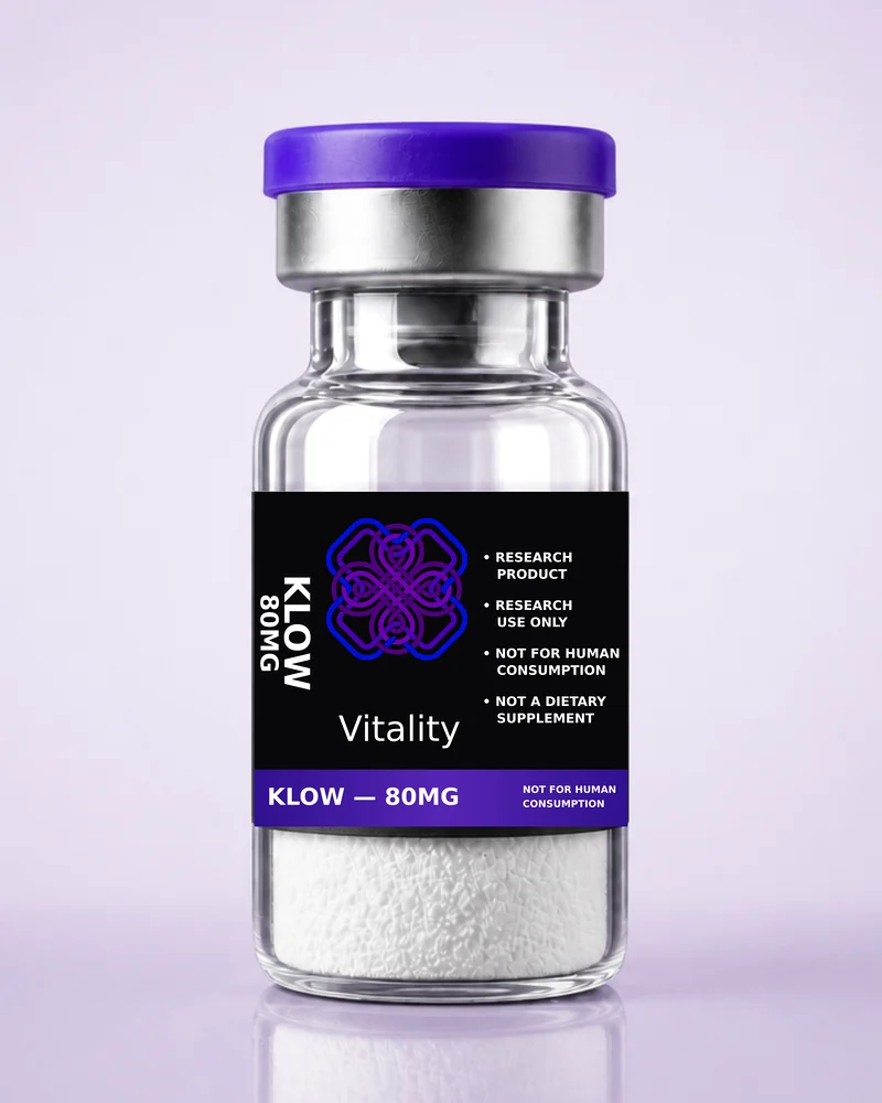 Product rendering of KLOW 80mg research vial; digitally composited studio image, not a product photograph.