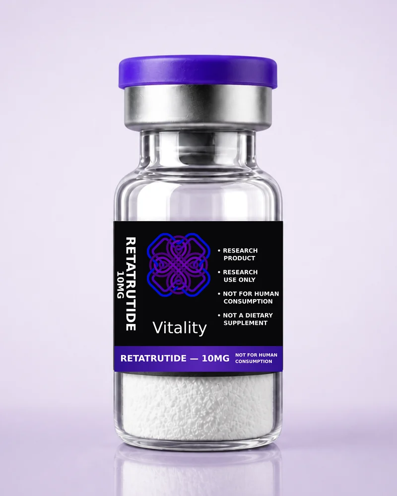 Product rendering of Retatrutide 10mg research vial; digitally composited studio image, not a product photograph.