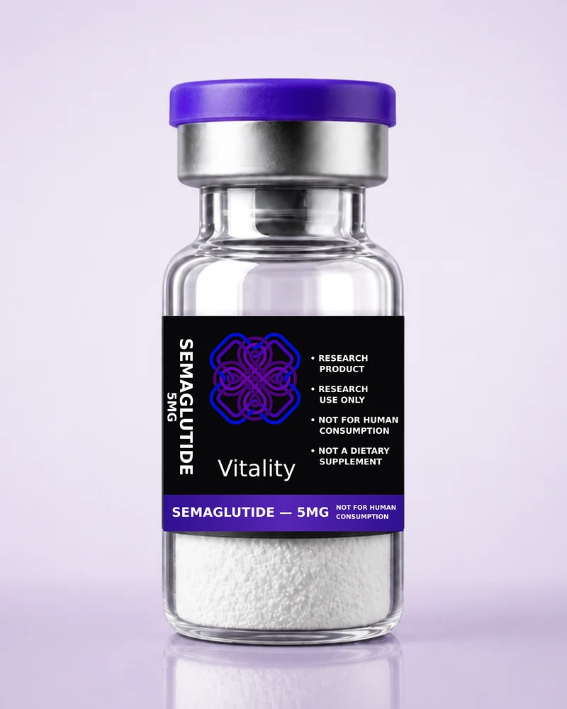 Product rendering of Semaglutide 5mg research vial; digitally composited studio image, not a product photograph.