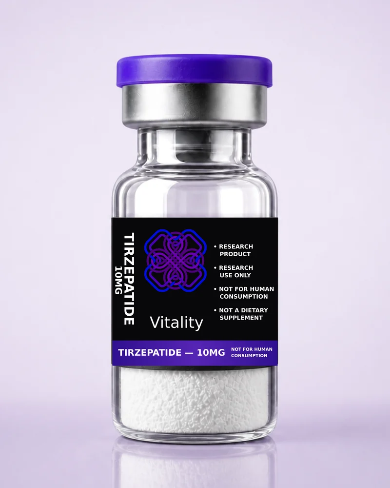 Product rendering of Tirzepatide 10mg research vial; digitally composited studio image, not a product photograph.